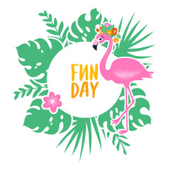  Vector frame with tropical leaves, flowers and pink flamingo. F