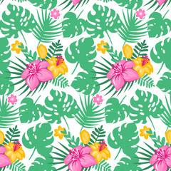 Fototapeta na wymiar Vector tropical seamless pattern with tropical flowers and leave
