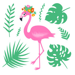Vector Pink flamingo and exotic leaves.