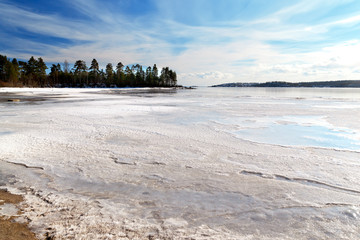 Frozen Gulf of Ladoga lake in northern Russia