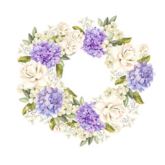 Beautiful, bright watercolor wreath with roses and hudrangea.