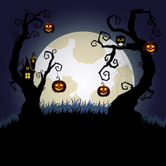 Halloween night background. Spooky forest with trees decorated with halloween pumpkins and mystic tree house 