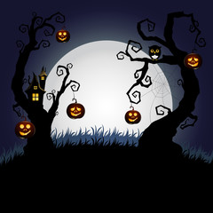 Halloween night background. Spooky forest with trees decorated with halloween pumpkins and mystic tree house 