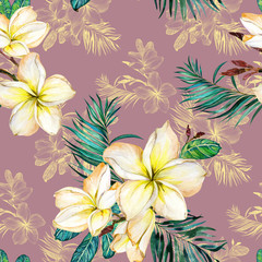 Exotic plumeria flowers and palm leaves on pink background. Seamless tropical pattern. Watercolor painting. Hand painted floral illustration.