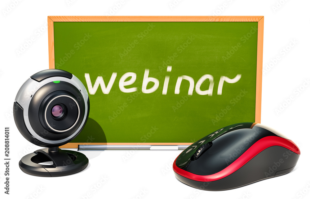 Poster webinar concept with blackboard, computer mouse and webcam. 3d rendering
