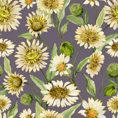 Beautiful yellow daisy flowers with green leaves on light gray background. Seamless spring pattern. Watercolor painting. Hand painted floral illustration.