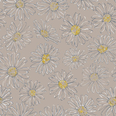 Daisy Line Drawn Seamless Pattern on Tan Background. Chamomile Seamless Pattern for Background, Print, and Textile. Romantic and Artistic Floral Background for Gift Wrap, Wallpaper,  Fashion Design.