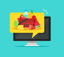 Food on computer screen vector illustration, flat cartoon grocery food inside notification of pc, concept of electronic food delivery, online delivery app icon modern design isolated