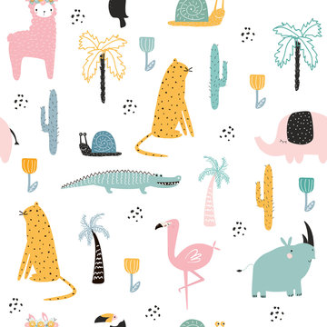 Seamless pattern with African animals and plants. Vector hand drawn illustration.