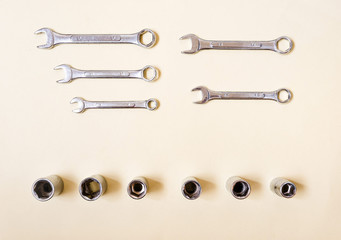 combination wrench and socket wrench on isolated background