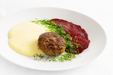 turkey cutlet, potato puree, and beetroot carpaccio with vinegar and oil decorated with dill