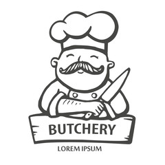 Butchery logo. Hand drawn vector illustration of chief-cooker with a mustache and knife in a white dress. chief-cooker logo.