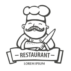 Restaurant logo. Hand drawn vector illustration of chief-cooker with a mustache and knife. chief-cooker logo.