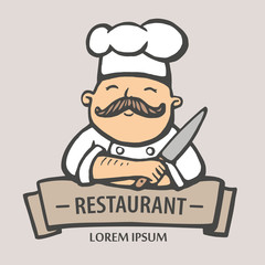 Restaurant logo. Hand drawn vector illustration of chief-cooker with a mustache and knife. chief-cooker logo.