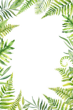 Watercolor hand painted frame with green leaves and branches. Frame for wedding invitations, save the date or .greeting cards..