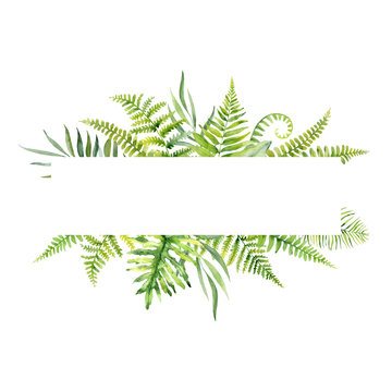 Watercolor hand painted frame with green leaves and branches. Frame for wedding invitations, save the date or .greeting cards..