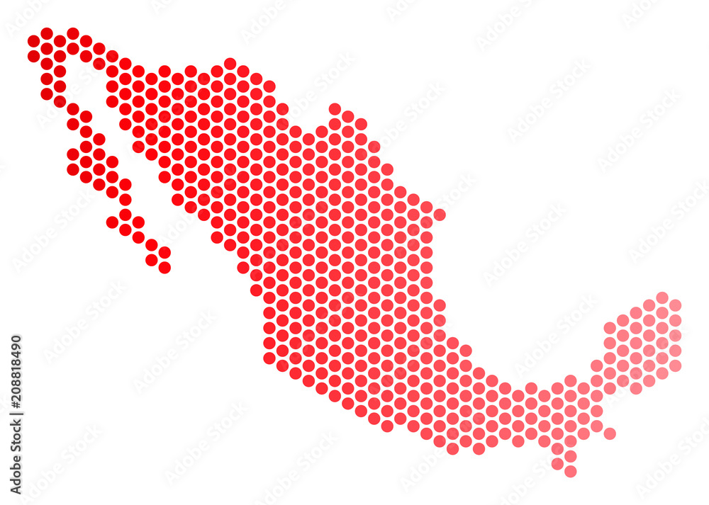 Poster red circle dot mexico map. geographic scheme in red color with horizontal gradient. vector compositi