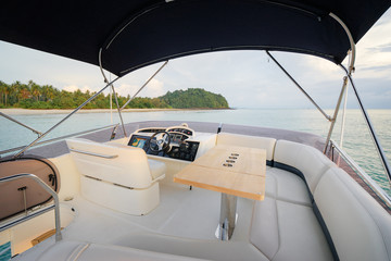 Luxury traveling. Interior of modern motor yacht.