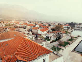 Drone shot of the Kastel old town on the coast of Dalmatia,Croatia . A famous tourist destination on the Adriatic sea.