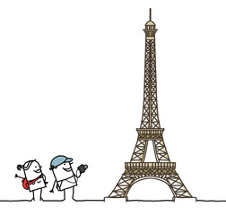 Fototapeta na wymiar cartoon couple with Eiffel Tower