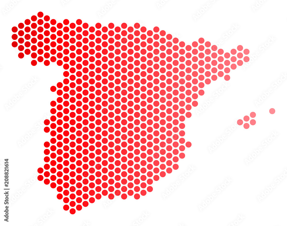 Poster red pixelated spain map. geographic scheme in red color with horizontal gradient. vector mosaic of s