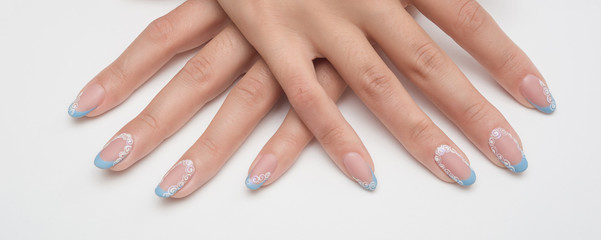 Beautiful blue manicure in light gel art