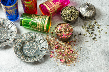 Oriental tea table setting Dishes glasses Hospitality