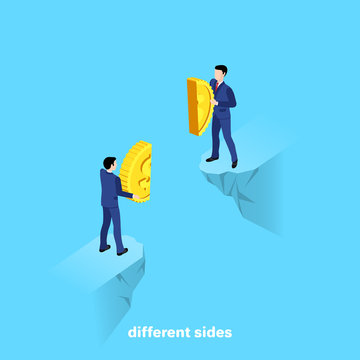 men in business suits stand on opposite sides of the cliff and hold in their hands half of the coin, isometric image