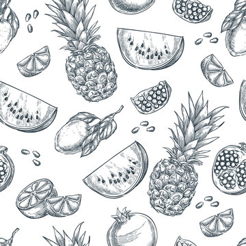 Tropical fruits seamless vector pattern. Sketch hand drawn illustration of pineapple, lemon, watermelon, pomegranate.