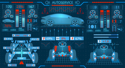 Car service. Graphical interface. Diagnostic alignment of the wheels. Check of shock-absorbers, the steering mechanism, ellipticity, brake system. illustration