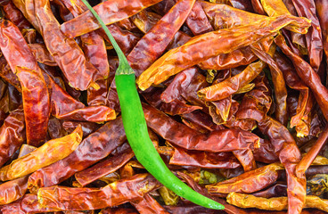 pattern of hot chili dried and green fresh pepper contrasting vegetable background