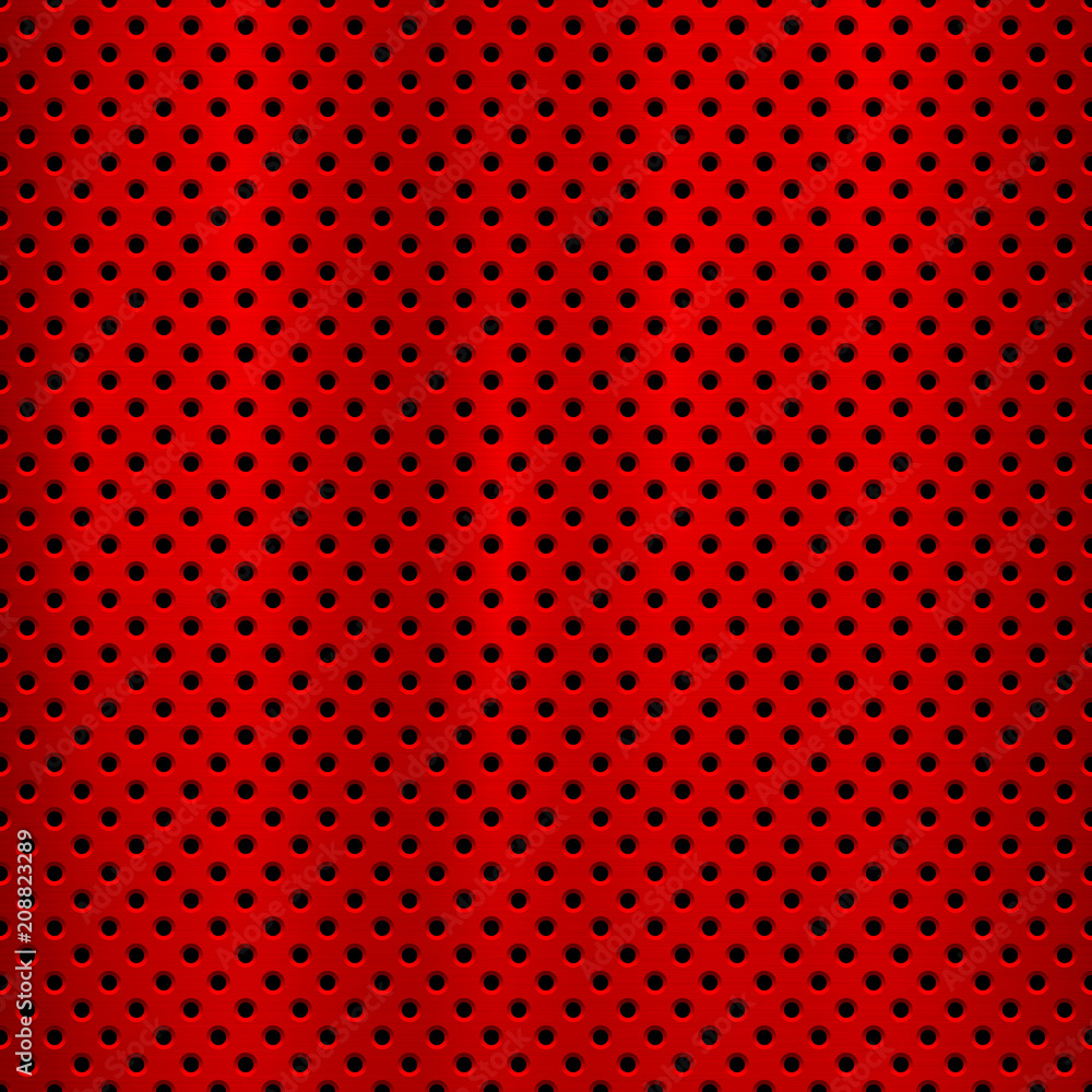 Poster red metal technology background with with seamless circle perforated pattern and circular polished, 