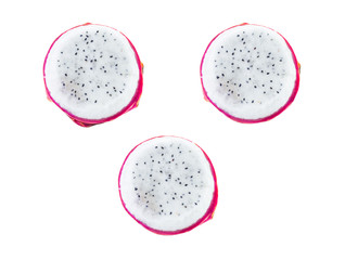 three symmetrical dragons fruit part of a single fruit ingredient dessert on a white background