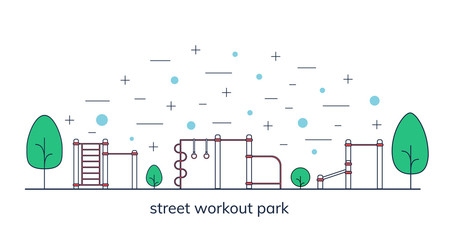 Street workout place or park. Sport playground. Line art style. © Ilya_kovshik