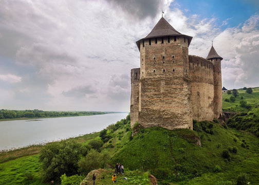 Khotyn Fortress on the Dnister river on a cloudy day, Western Ukraine