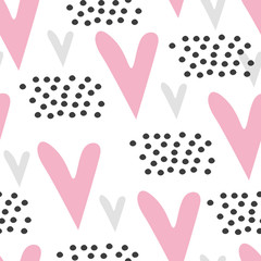 Seamless pattern with cute hearts. Hand drawn scandinavian style. Good for textile,fabric,package. Fow weddings, greeting cards.