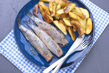 Fillet of herring on a plate and baked in the oven potatoes. Delicious traditional food of Holland. Dutch delicacy on a blue plate. Copy space