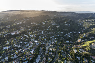 Aerial view of Holmby Hills and Benedict Canyon neighborhood in Beverly Hills and Los Angeles, California.  