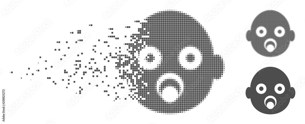 Poster grey vector baby head icon in fractured, pixelated halftone and undamaged entire variants. disintegr