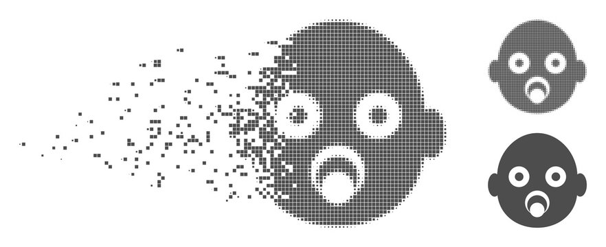 Grey vector baby head icon in fractured, pixelated halftone and undamaged entire variants. Disintegration effect involves rectangular dots. Pieces are combined into dissipated baby head pictogram.