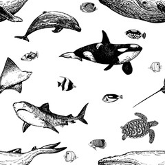 Seamless pattern of hand drawn sketch style marine animals and tropical fish isolated on white background. Vector illustration. - obrazy, fototapety, plakaty