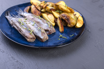 Fillet of herring on a plate and baked in the oven potatoes. Delicious traditional food of Holland. Dutch delicacy. Copy space, flan lay