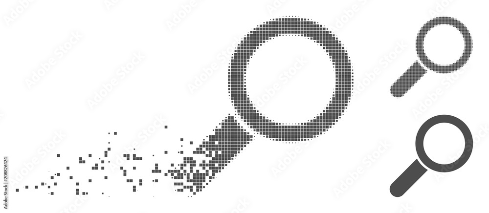 Poster grey vector find icon in dispersed, pixelated halftone and undamaged whole variants. disintegration 