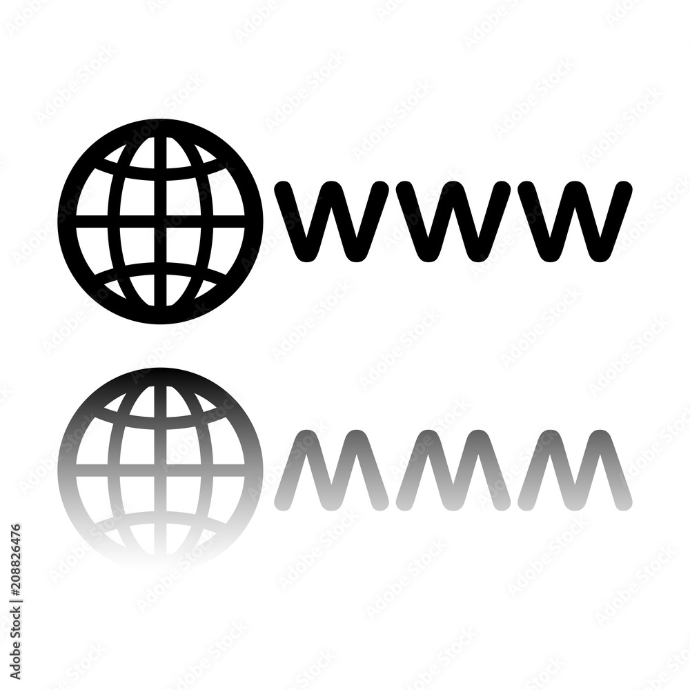 Poster symbol of internet with globe and www. black icon with mirror reflection on white background