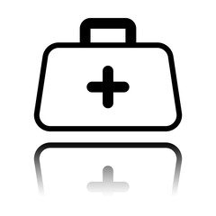 first-aid kit, outline symbol. Black icon with mirror reflection on white background