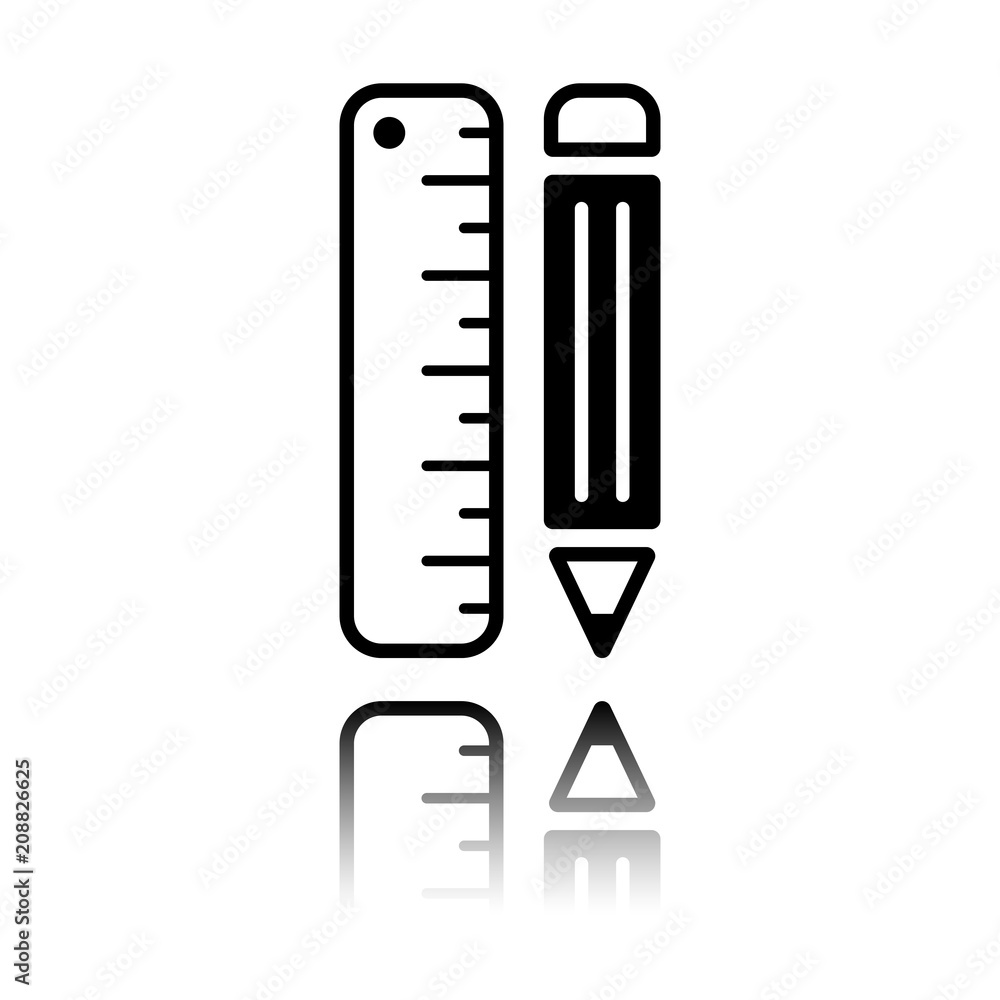 Poster simple symbol of ruler and pencil. black icon with mirror reflection on white background