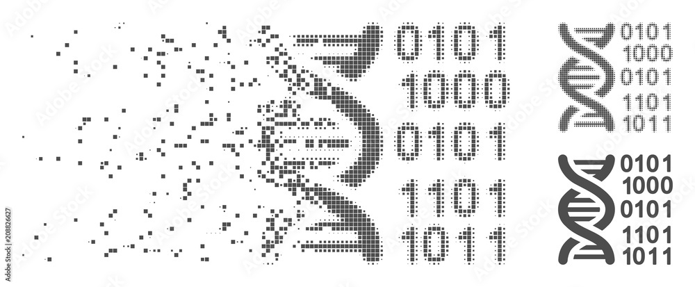 Poster grey vector genome icon in fractured, dotted halftone and undamaged solid versions. disappearing eff