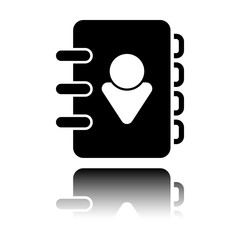 address book with person on cover. simple icon. Black icon with mirror reflection on white background