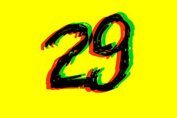 Handwritten 29 - Number twenty-nine in black,red,green on yellow background