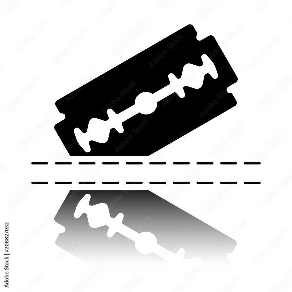 Poster razor blade and cutting line. simple single icon. black icon with mirror reflection on white backgro